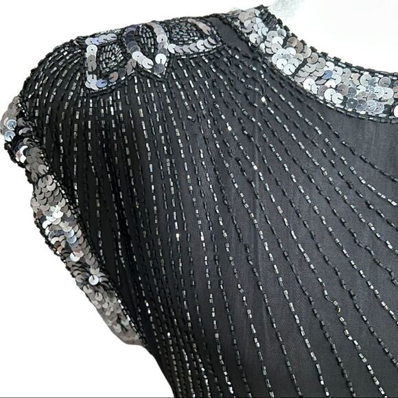 NWT Vintage BlackBeaded Long Evening Gown Cap Drape Sleeve Shoulder Pads Size 4 - Picture 9 of 16